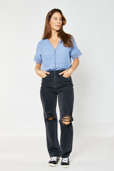 Judy Blue High Rise Rigid Magic 90's Distressed Straight Jeans in Black 88737-Jeans-Sunshine and Wine Boutique