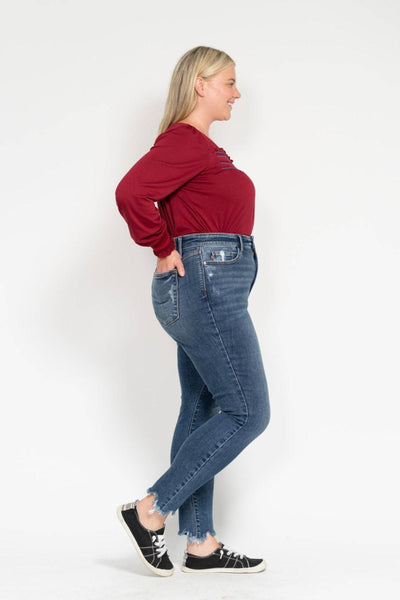 Judy Blue High Waist Destroy & Shark Bite Hem Skinny Denim Jeans 82491-Jeans-Sunshine and Wine Boutique