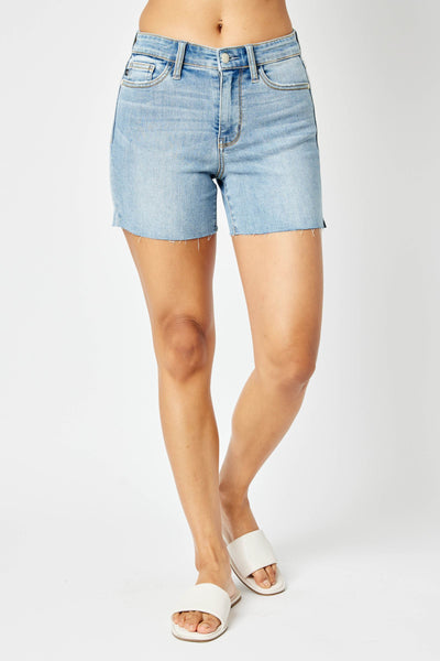 Judy Blue Mid Rise Cutt Off Denim Short 15251-Shorts-Sunshine and Wine Boutique