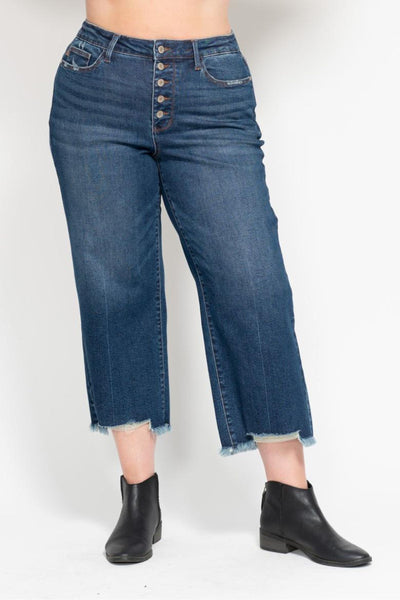 Judy Blue High Waist Button Fly Destroy Wide Leg Crop Denim Jeans 88887-Jeans-Sunshine and Wine Boutique