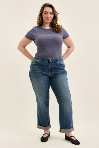 Judy Blue Mid Rise Adjustable Back Tab Hollywood Waist Boyfriend Denim Jeans 82731