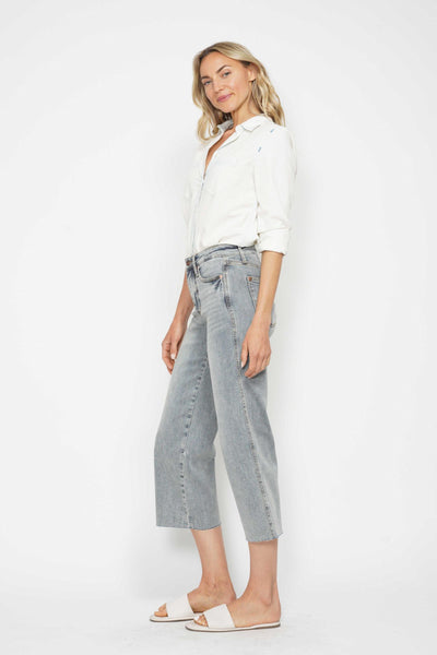 Judy Blue Mid Rise Tummy Control Raw Hem Wide Leg Crop Denim 88903-Jeans-Sunshine and Wine Boutique