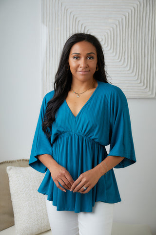 White Birch Storied Moments Draped Peplum Top in Teal