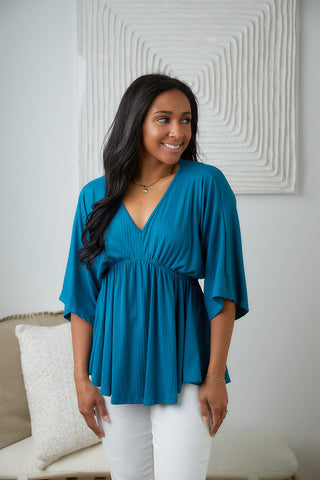 White Birch Storied Moments Draped Peplum Top in Teal