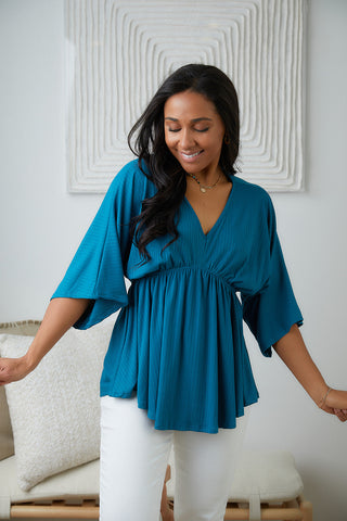White Birch Storied Moments Draped Peplum Top in Teal