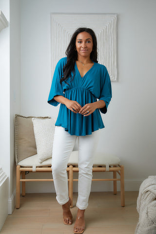White Birch Storied Moments Draped Peplum Top in Teal
