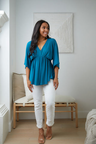 White Birch Storied Moments Draped Peplum Top in Teal