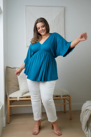 White Birch Storied Moments Draped Peplum Top in Teal