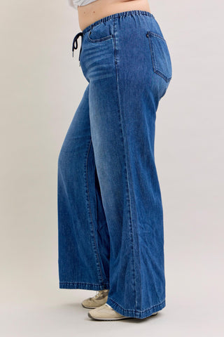 Judy Blue High Waist Featherweight Elastic Waistband Drawstring Palazzo Denim Jeans 881047