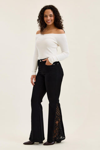 Judy Blue Mid Rise Jaqueline Black Lace Flare Denim Jeans 881177 - 3 Inseam Options