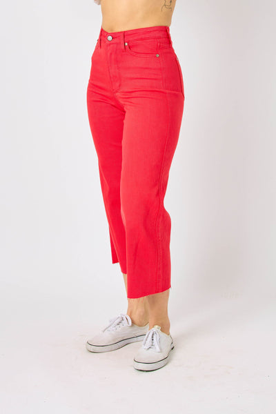 Judy Blue High Waist Garment Dyed Red Tummy Control Wide Leg Crop Denim 88838-Jeans-Sunshine and Wine Boutique