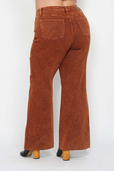 Judy Blue High Waist Garment Dyed Pumpkin Spice Raw Hem Retro Wide Leg Denim 88888-Jeans-Sunshine and Wine Boutique