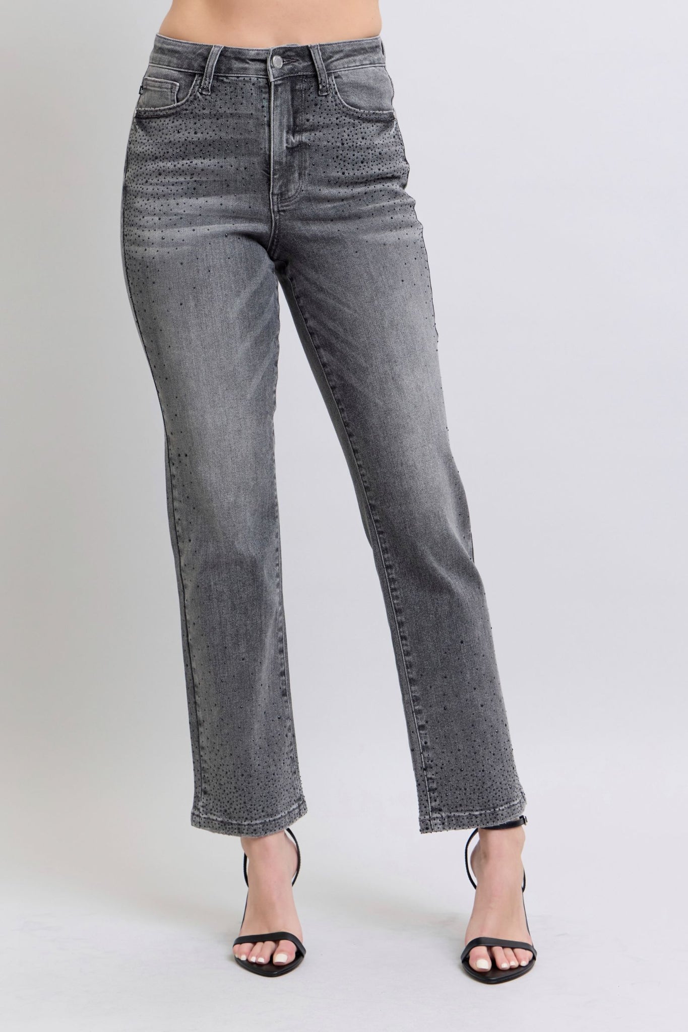 Judy Blue High Waist Rhinestone Gray Straight Denim Jeans 88919-Jeans-Sunshine and Wine Boutique