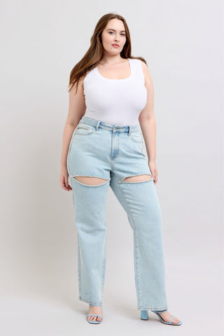 Judy Blue High Waist Rigid Magic Rhinestone Slits Detail Straight Denim Jeans 88954