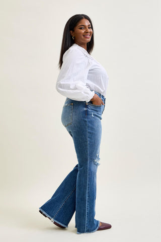 Judy Blue Mid Rise Button Fly Destroyed Fray Hem Flare Denim Jeans 82638