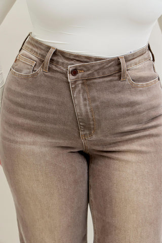 Judy Blue High Waist Retro Yarn Dyed Clay Criss-Cross Waistband Wide Leg Denim Jeans 881031