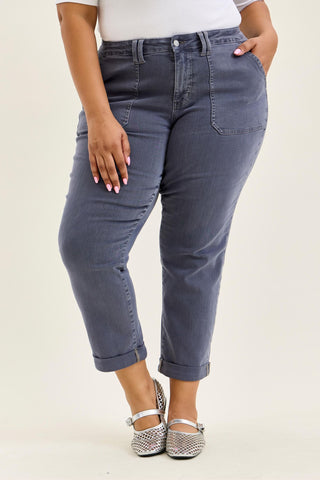Judy Blue High Waist Aurora Weekender Garment Dyed Vintage Indigo Cuffed Slim Straight Jogger Denim Jeans 881194