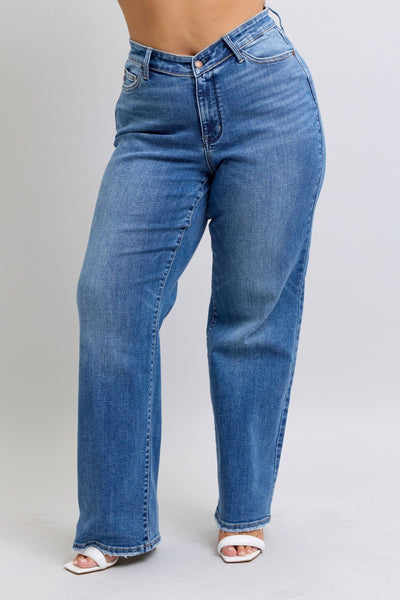 Judy Blue High Waist V-Front Vintage Wash Straight Denim Jeans 82623-Jeans-Sunshine and Wine Boutique