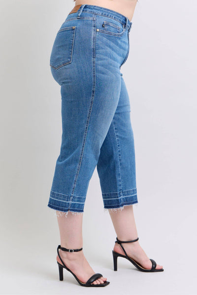Judy Blue High Waist Tummy Control Release Hem Crop Wide Leg Denim Jeans 88875-Jeans-Sunshine and Wine Boutique