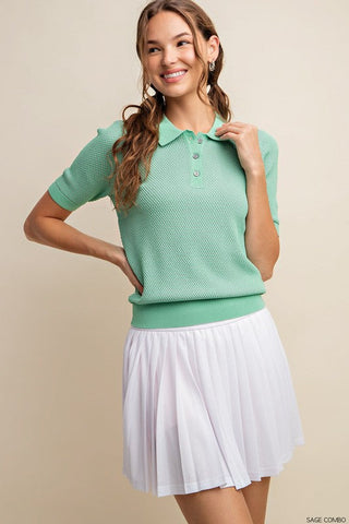 Kori Soft Thermal Texture Two Colors Thread Polo Shirt Sweater in Sage