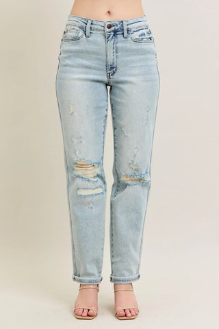 Judy Blue Full Size Mr Repair Stitch Detail Destroy Single Cuff Bf Jeans Plus Size