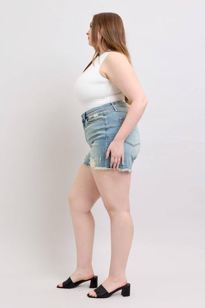 Judy Blue High Waist Vintage Wash Fly Stitch Detail & Destroy Denim Short 150323-Shorts-Sunshine and Wine Boutique