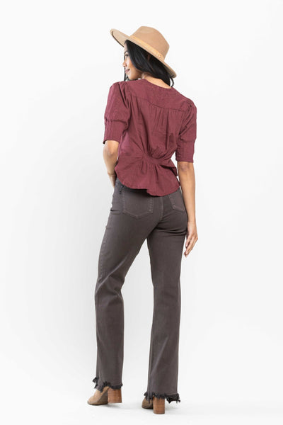 Judy Blue High Waist Garment Dyed Frayed Hem 90's Straight Denim 82531, Brown - Exclusive-Jeans-Sunshine and Wine Boutique