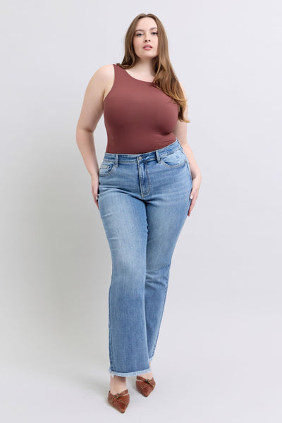 Judy Blue High Waist Fray Hem Bootcut Denim Jeans 82486-Jeans-Sunshine and Wine Boutique