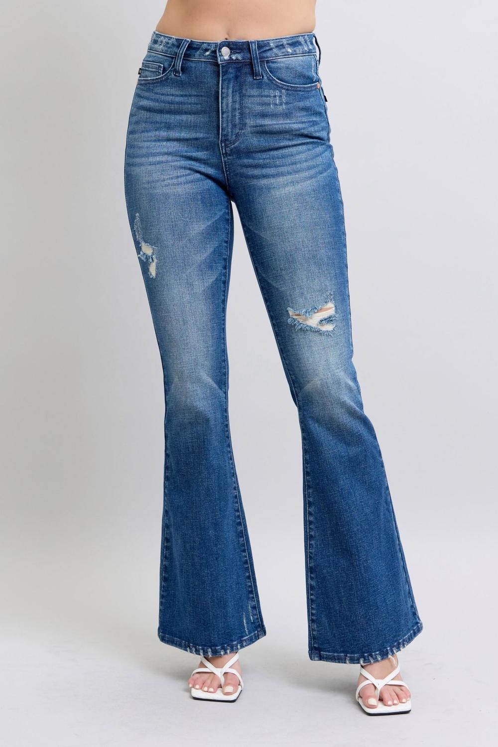 ★DNSR★ Destroyed Flair Denim Pants Blue Judy Blue High Waist Contrast Wash Destroy Flare Denim Jeans