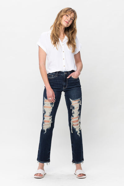 Judy Blue Mid Rise Heavy Destroy Straight Denim 82534-Jeans-Sunshine and Wine Boutique