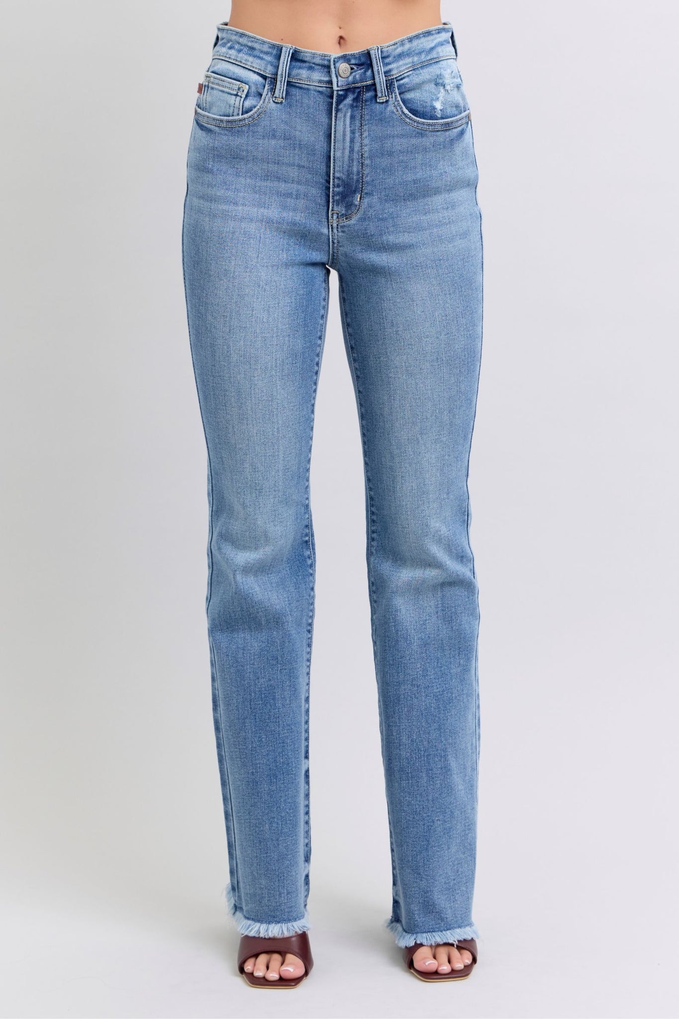 Judy Blue High Waist Fray Hem Bootcut Denim Jeans 82486-Jeans-Sunshine and Wine Boutique