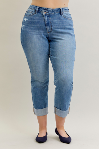 Judy Blue High Waist Criss-Cross Mild Destroy Single Cuff Boyfriend Denim Jeans 881003