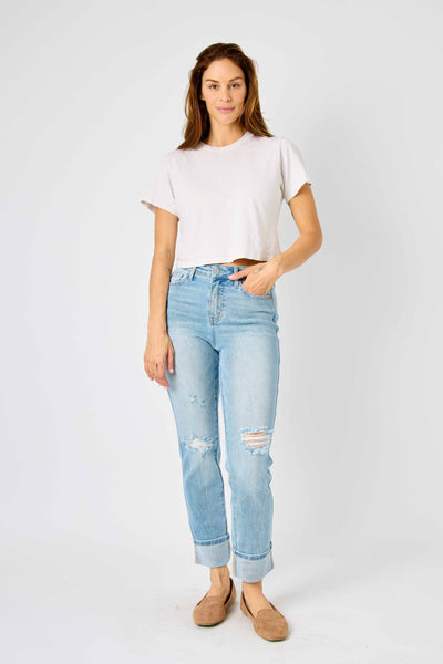 Judy Blue Mid Rise Flag Cuff Boyfriend Denim 88723-Jeans-Sunshine and Wine Boutique