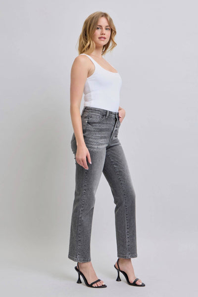 Judy Blue High Waist Rhinestone Gray Straight Denim Jeans 88919-Jeans-Sunshine and Wine Boutique