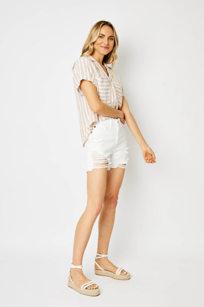 Judy Blue High Waist Rigid Magic Destroy White Denim Short 150264-Shorts-Sunshine and Wine Boutique