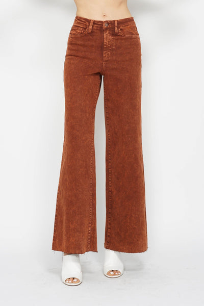 Judy Blue High Waist Garment Dyed Pumpkin Spice Raw Hem Retro Wide Leg Denim 88888-Jeans-Sunshine and Wine Boutique