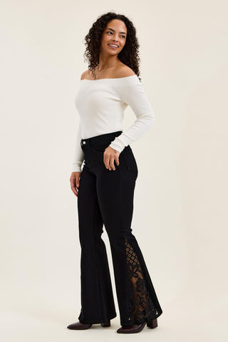 Judy Blue Mid Rise Jaqueline Black Lace Flare Denim Jeans 881177 - 3 Inseam Options