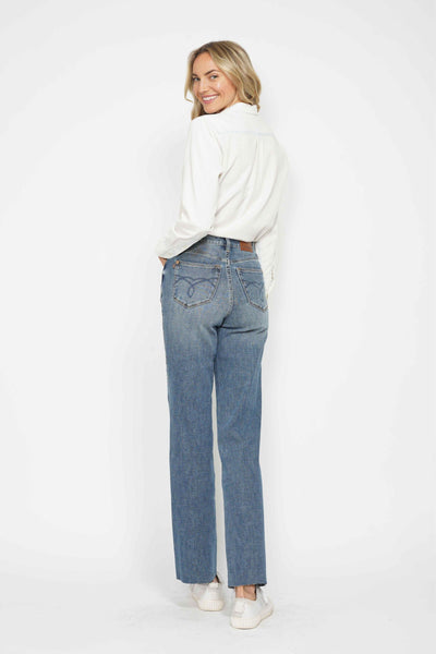 Judy Blue High Waist "Tummy Control" Raw Hem Straight Denim 88848-Jeans-Sunshine and Wine Boutique