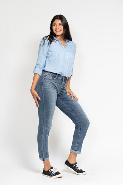 Judy Blue High Waist Bleach Splash Boyfriend Denim 82346-Jeans-Sunshine and Wine Boutique