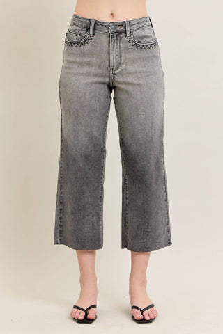 Judy Blue High Waist Vintage Grey Wash & Front Pocket Embroidery Crop Wide Leg Denim Jeans 88949-Jeans-Sunshine and Wine Boutique