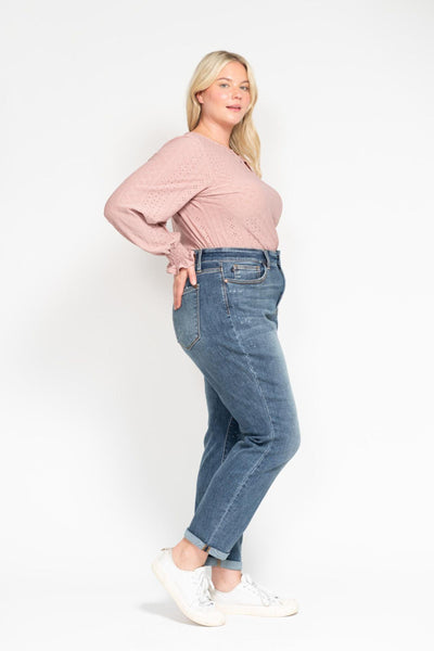 Judy Blue High Waist Bleach Splash Boyfriend Denim 82346-Jeans-Sunshine and Wine Boutique