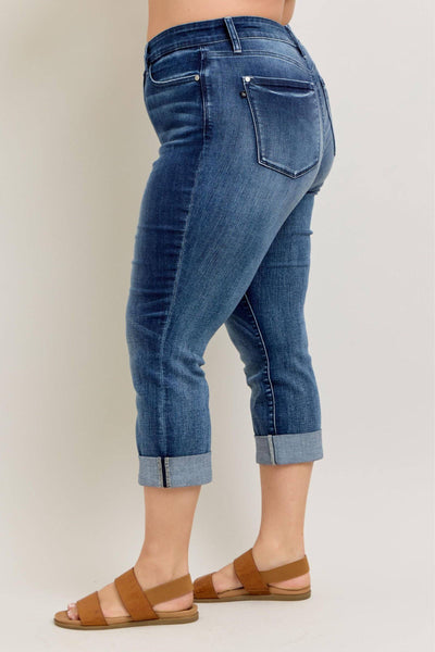 Judy Blue Mid Rise Dark Wash Cuffed Capri Denim Jeans 72121-Jeans-Sunshine and Wine Boutique