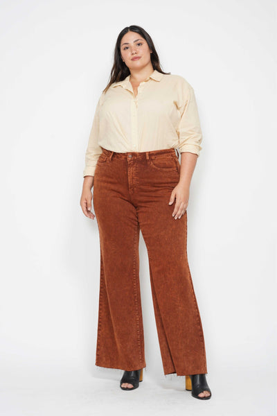 Judy Blue High Waist Garment Dyed Pumpkin Spice Raw Hem Retro Wide Leg Denim 88888-Jeans-Sunshine and Wine Boutique