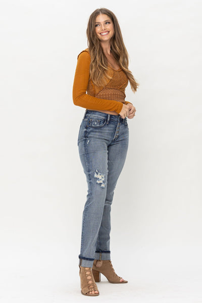 Judy Blue Mid Rise Button Fly Contrast Wash & Cuff Options Tall Boyfriend Denim 82396-Jeans-Sunshine and Wine Boutique
