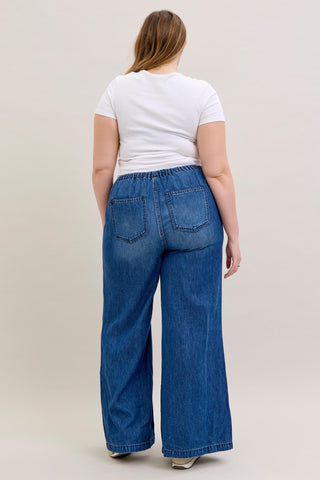 Judy Blue High Waist Featherweight Elastic Waistband Drawstring Palazzo Denim Jeans 881047