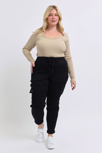 Judy Blue High Waist Cargo Cuff Black Jogger Denim 88910-Jeans-Sunshine and Wine Boutique