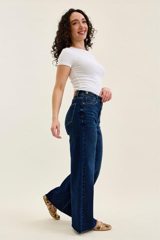 Judy Blue High Waist Adjustable Waistband Tabs Raw Hem Retro Wide Leg Denim Jeans 881114 - Petite