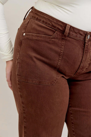 Judy Blue Mid Rise Garment Dyed Maple Utility Pocket Wide Leg Crop Denim Jeans 881017