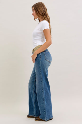 Judy Blue Mid Rise Corduroy Waist Column Straight Denim Jeans 881054