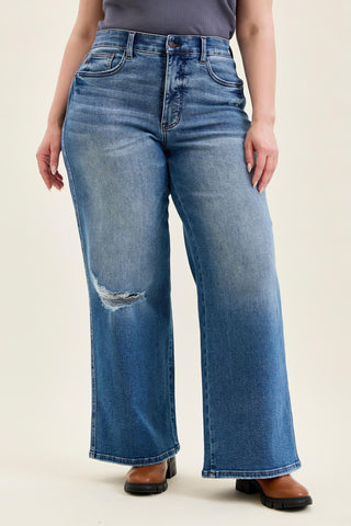 Judy Blue High Waist Tummy Control Leopard Waistband Lux Retro Wide Leg Denim Jeans 881192